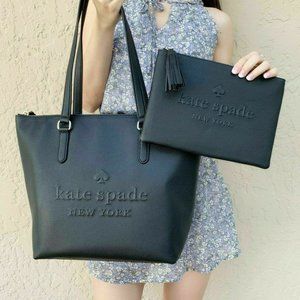 Kate Spade Logo Tote Bag + Pouch Black Leather New